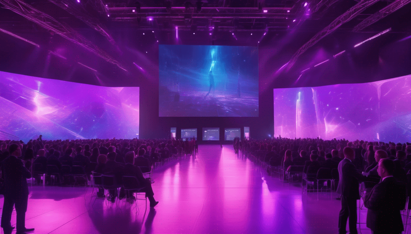 A live conference audience facing a vivid event stage